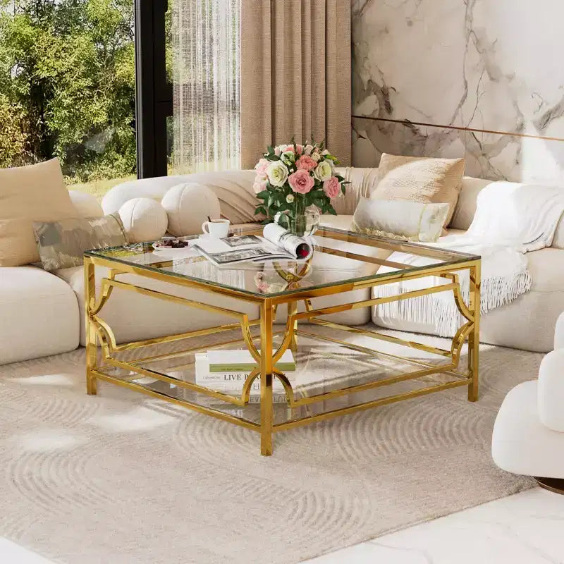 Table basse moderne en verre avec étagère inférieure, table de centre carrée dorée avec rangement pour salon