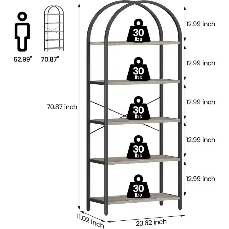 Étagère à Livres Courbée, Bibliothèque Ouverte à 5 Niveaux, Cadre Doré et Panneaux Blancs en Métal, Étagères de Rangement Autonomes pour Chambre, Salon, Bureau à Domicile
