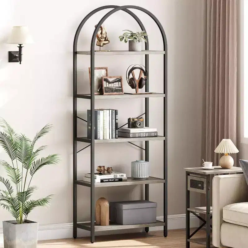 Étagère à Livres Courbée, Bibliothèque Ouverte à 5 Niveaux, Cadre Doré et Panneaux Blancs en Métal, Étagères de Rangement Autonomes pour Chambre, Salon, Bureau à Domicile