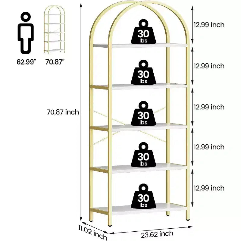 Étagère à Livres Courbée, Bibliothèque Ouverte à 5 Niveaux, Cadre Doré et Panneaux Blancs en Métal, Étagères de Rangement Autonomes pour Chambre, Salon, Bureau à Domicile