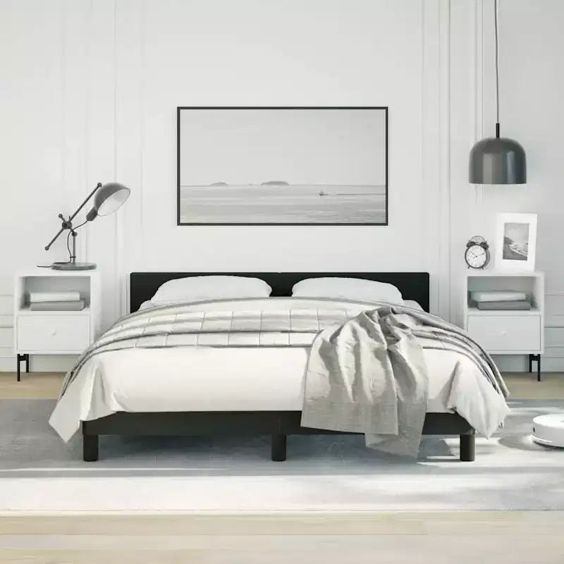 Bed Frame With Headboard Black Faux leather, plywood, engineered wood