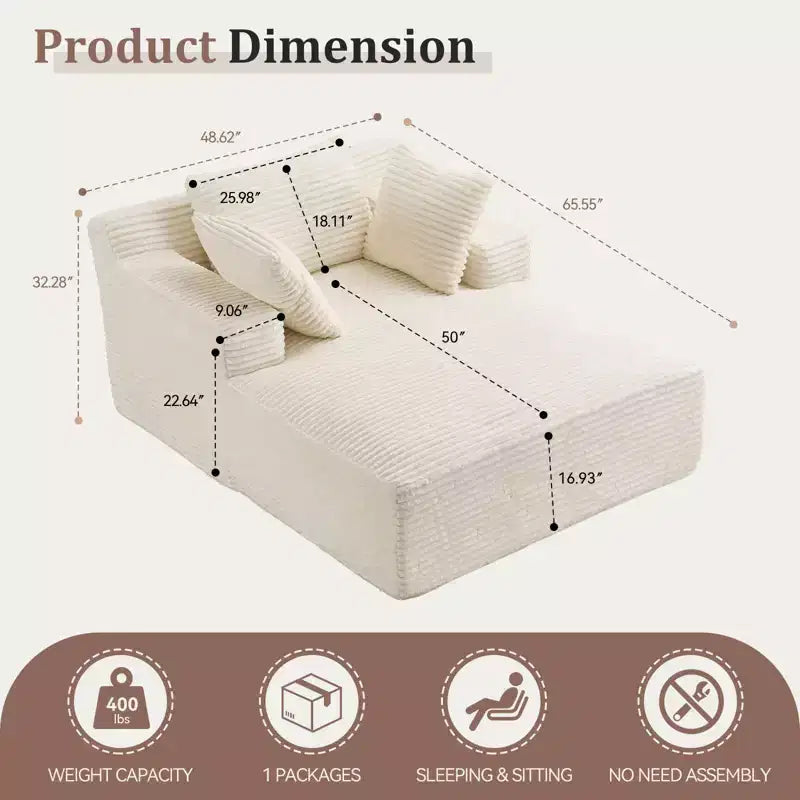 Efomao 66inx48in Chaise longue intérieure moderne, rembourrée en velours côtelé, canapé-lit profond avec accoudoirs, aucun assemblage requis, beige