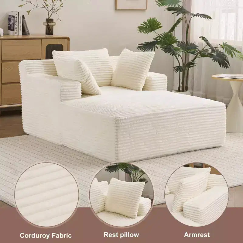 Efomao 66inx48in Chaise longue intérieure moderne, rembourrée en velours côtelé, canapé-lit profond avec accoudoirs, aucun assemblage requis, beige