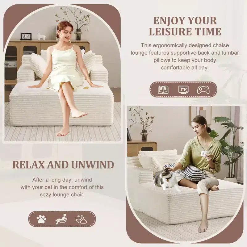 Efomao 66inx48in Chaise longue intérieure moderne, rembourrée en velours côtelé, canapé-lit profond avec accoudoirs, aucun assemblage requis, beige