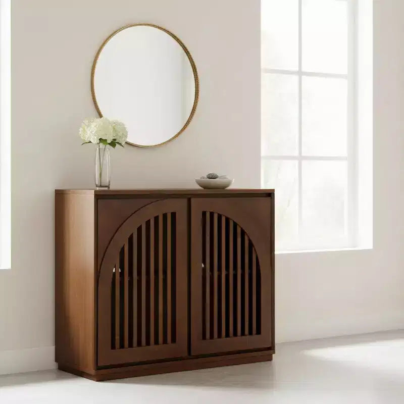 Homy Casa Meuble de rangement en bois massif et MDF avec deux portes à lattes pour entrée, salon Marron
