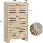 Meuble à chaussures autoportant avec 3 portes basculantes. Rangement dissimulé pour entrée, peut contenir plusieurs paires, style ferme avec crochets latéraux.
