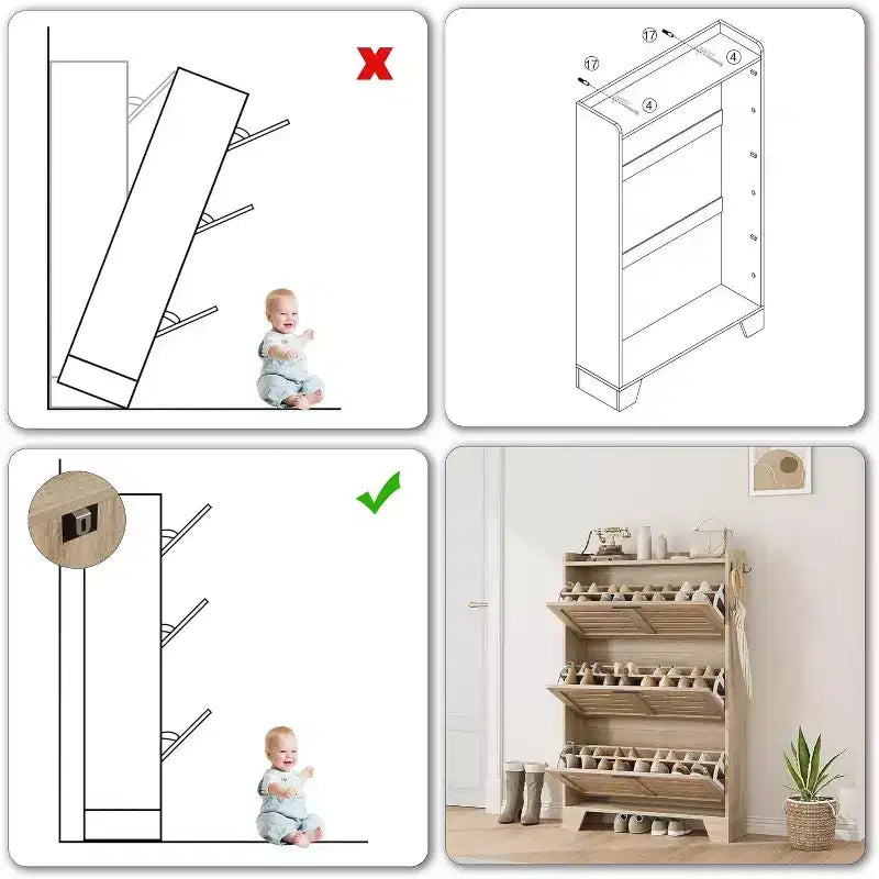 Meuble à chaussures autoportant avec 3 portes basculantes. Rangement dissimulé pour entrée, peut contenir plusieurs paires, style ferme avec crochets latéraux.