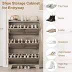 Meuble à chaussures autoportant avec 3 portes basculantes. Rangement dissimulé pour entrée, peut contenir plusieurs paires, style ferme avec crochets latéraux.