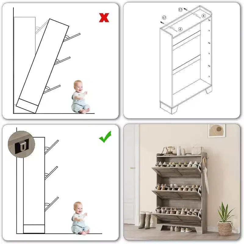 Meuble à chaussures autoportant avec 3 portes basculantes. Rangement dissimulé pour entrée, peut contenir plusieurs paires, style ferme avec crochets latéraux.