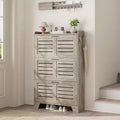 Freestanding Shoe Storage Cabinet with 3 Flip-Down Doors. Hidden Organizer for Entryway, Holds Multiple Pairs, Farmhouse Style with Side Hooks.