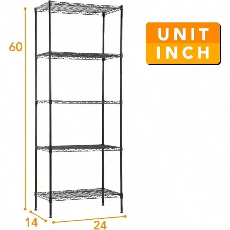 Étagère à fil métallique noire 5 niveaux 14 po P 24 po L 60 po H, étagère commerciale pour restaurant, garage, cuisine