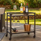 Royal Hampton Metal Framed Serving Cart with Wooden Shelves with Wine Bottle Holder, Brown and Gray