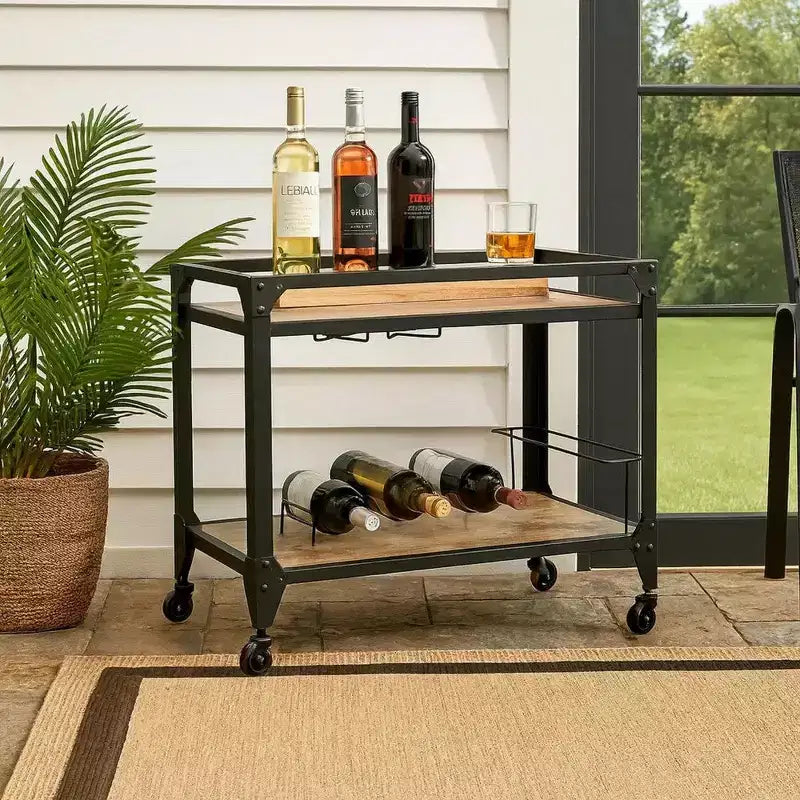 Chariot de service Royal Hampton avec structure métallique et étagères en bois, avec porte-bouteilles, marron et gris