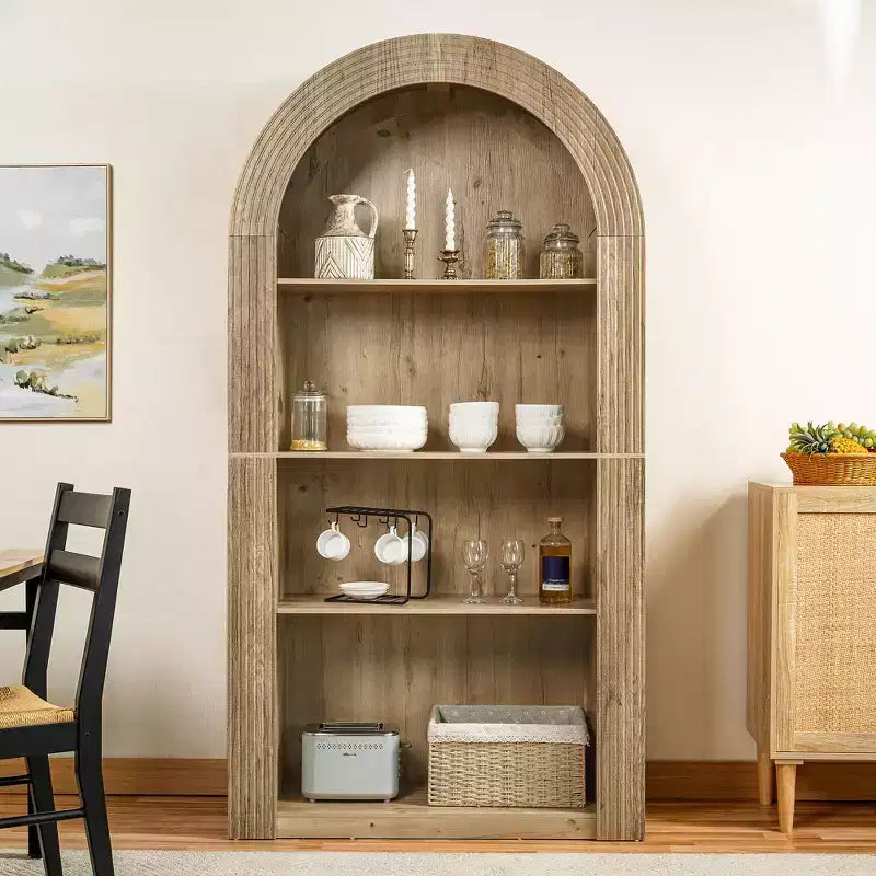 Étagère haute Okak Mid Century à 4 niveaux avec arc, vitrine en bois, étagère de rangement ouverte pour bureau, salon