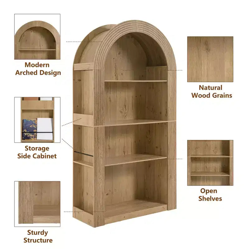 Étagère haute Okak Mid Century à 4 niveaux avec arc, vitrine en bois, étagère de rangement ouverte pour bureau, salon