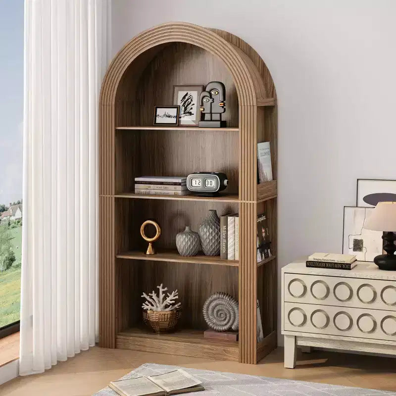 Étagère haute Okak Mid Century à 4 niveaux avec arc, vitrine en bois, étagère de rangement ouverte pour bureau, salon