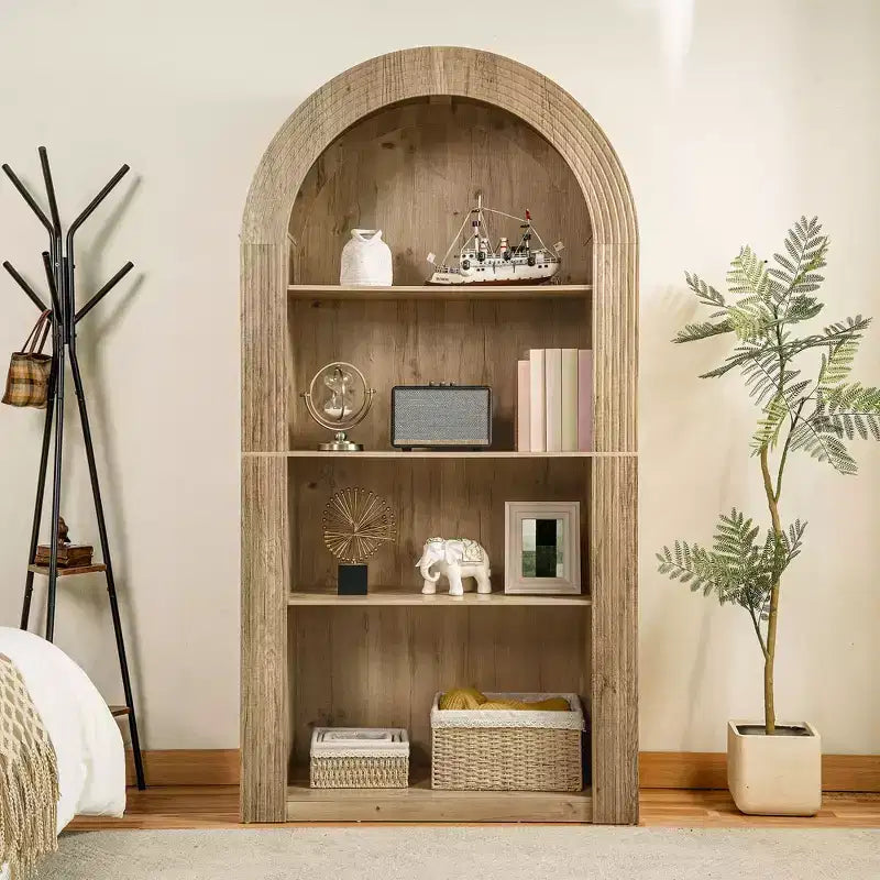 Étagère haute Okak Mid Century à 4 niveaux avec arc, vitrine en bois, étagère de rangement ouverte pour bureau, salon