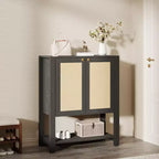 Meuble à chaussures en rotin pour entrée, étagère de rangement étroite de style ferme à 5 niveaux avec 2 portes et étagère ouverte pour couloir et salon