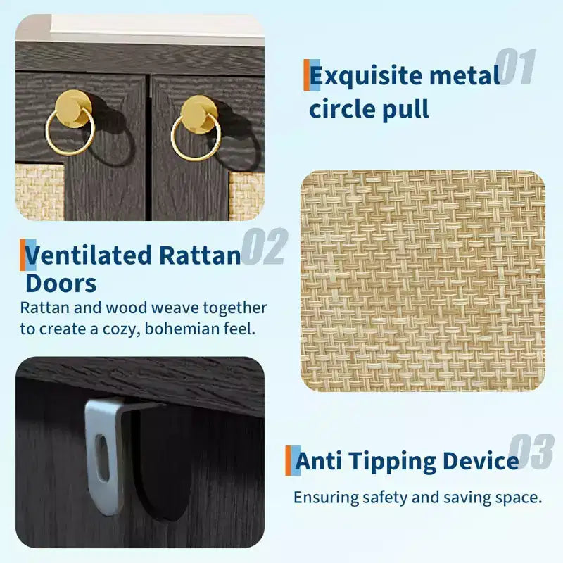 Meuble à chaussures en rotin pour entrée, étagère de rangement étroite de style ferme à 5 niveaux avec 2 portes et étagère ouverte pour couloir et salon