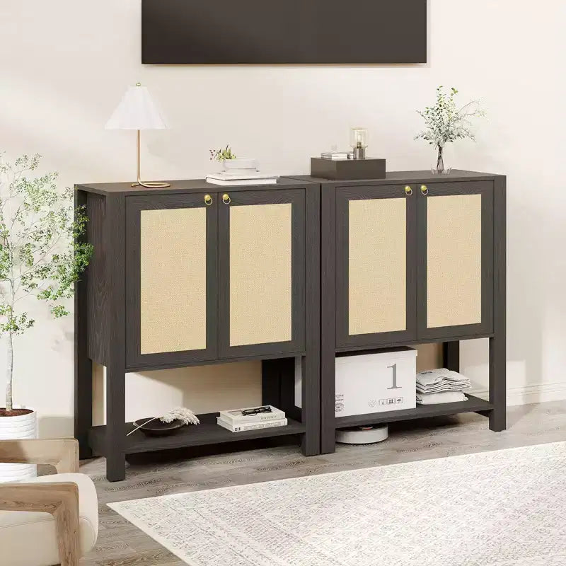 Meuble à chaussures en rotin pour entrée, étagère de rangement étroite de style ferme à 5 niveaux avec 2 portes et étagère ouverte pour couloir et salon