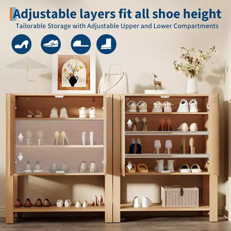 Meuble à chaussures en rotin pour entrée, étagère de rangement étroite de style ferme à 5 niveaux avec 2 portes et étagère ouverte pour couloir et salon