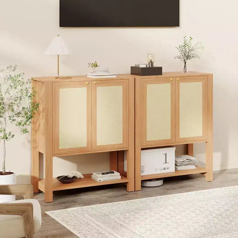 Meuble à chaussures en rotin pour entrée, étagère de rangement étroite de style ferme à 5 niveaux avec 2 portes et étagère ouverte pour couloir et salon