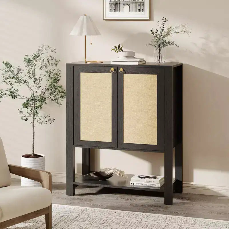 Meuble à chaussures en rotin pour entrée, étagère de rangement étroite de style ferme à 5 niveaux avec 2 portes et étagère ouverte pour couloir et salon