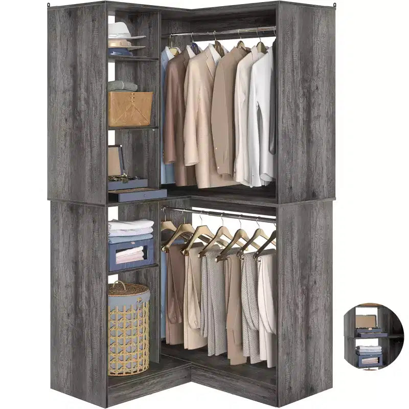 Besiost Organisateur de placard d'angle autoportant avec étagères tour, système de rangement peu encombrant avec tringles à vêtements