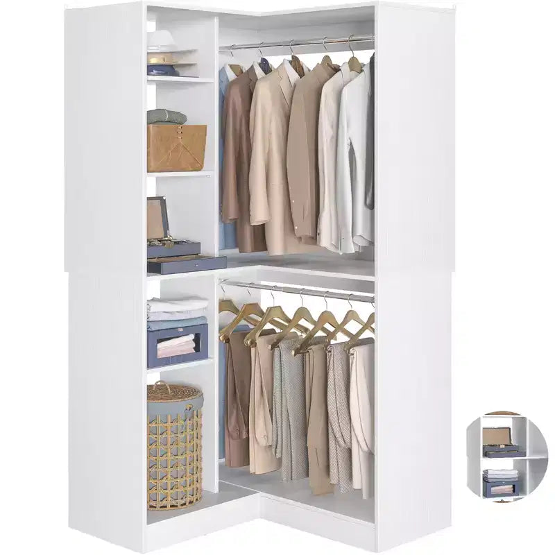 Besiost Organisateur de placard d'angle autoportant avec étagères tour, système de rangement peu encombrant avec tringles à vêtements