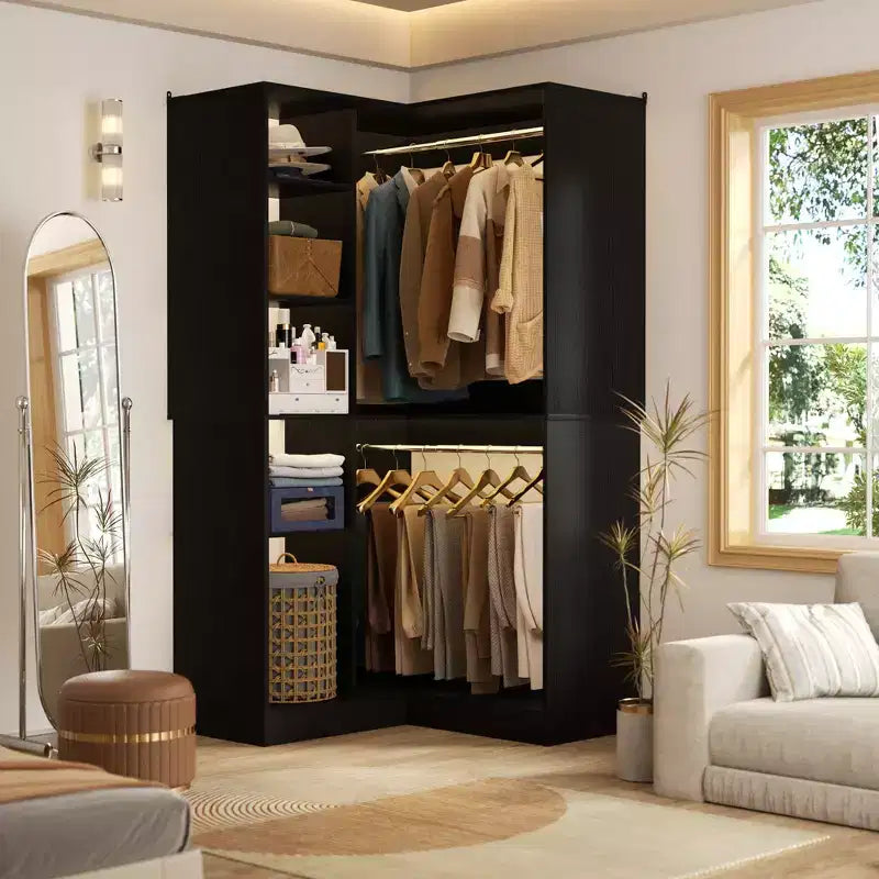 Besiost Organisateur de placard d'angle autoportant avec étagères tour, système de rangement peu encombrant avec tringles à vêtements
