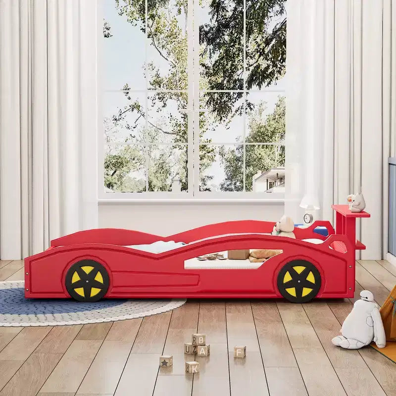 Lit de course double en bois Whisen et lit plateforme en forme de voiture avec roues