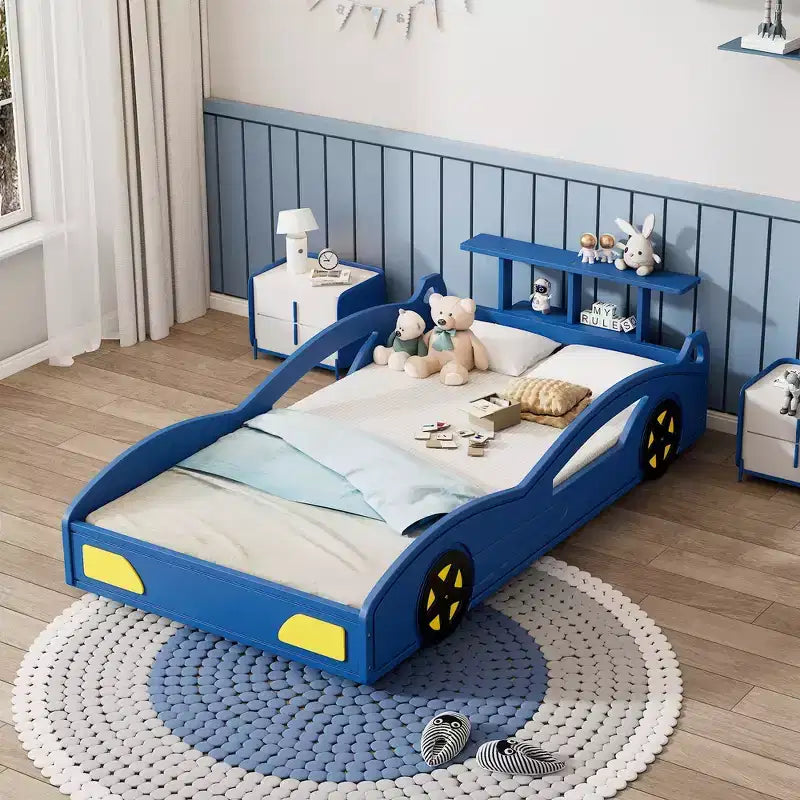 Lit de course double en bois Whisen et lit plateforme en forme de voiture avec roues