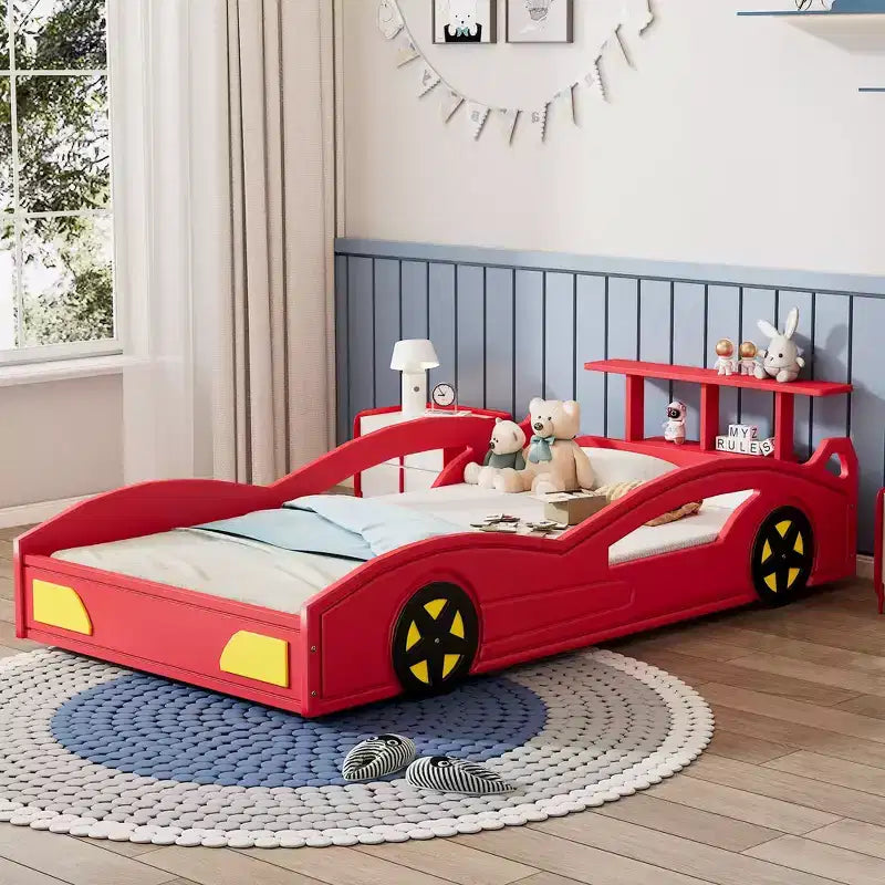 Lit de course double en bois Whisen et lit plateforme en forme de voiture avec roues