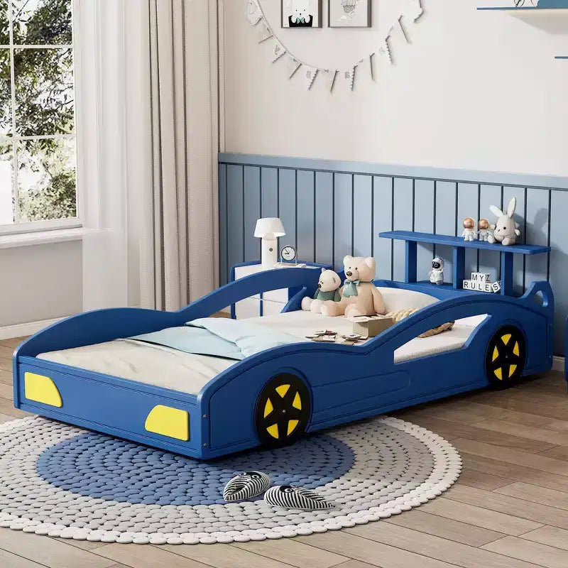 Whisen Twin Wooden Race Car Bed & Car-Shaped Platform Bed Frame with Wheels
