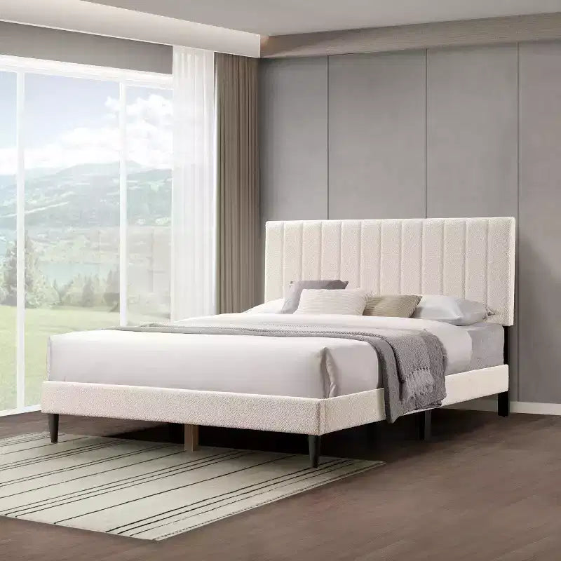 Queen Size Velvet Upholstered Bed Frame, Vertical Channel Tufted Wingback Headboard, No Box Spring Needed, Easy Assembly, White
