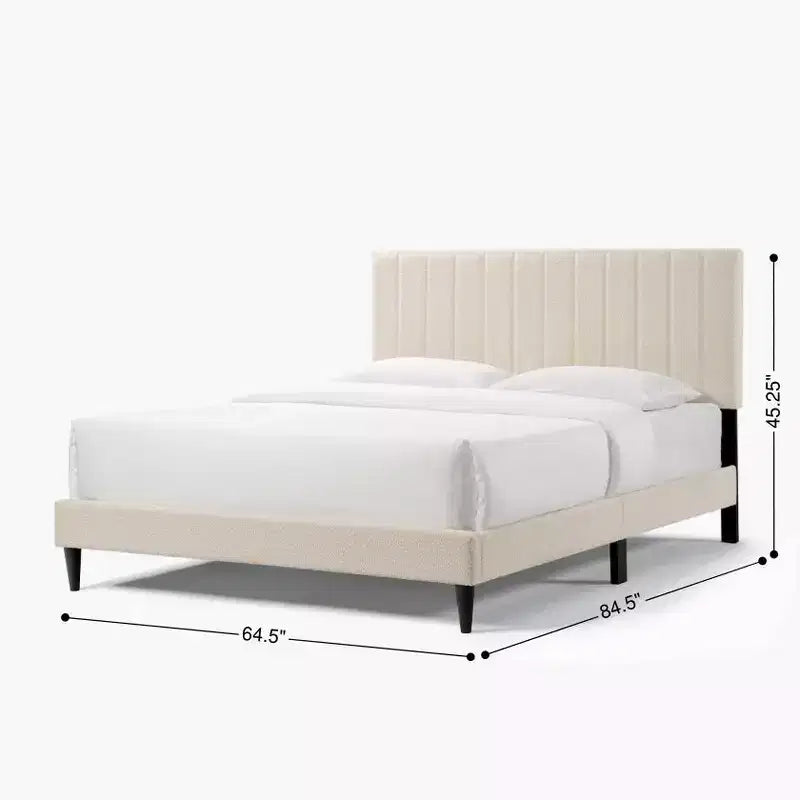 Cadre de lit en velours de taille Queen, tête de lit capitonnée à bords retournés avec motif de lignes verticales, pas besoin de sommier tapissier, montage facile, blanc