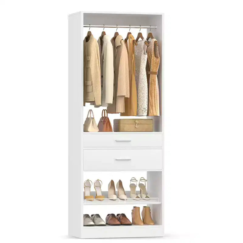 Besiost Meuble de rangement de placard 25 pouces avec tiroirs en bois et étagère à chaussures, système de placard autoportant avec tringles à vêtements -