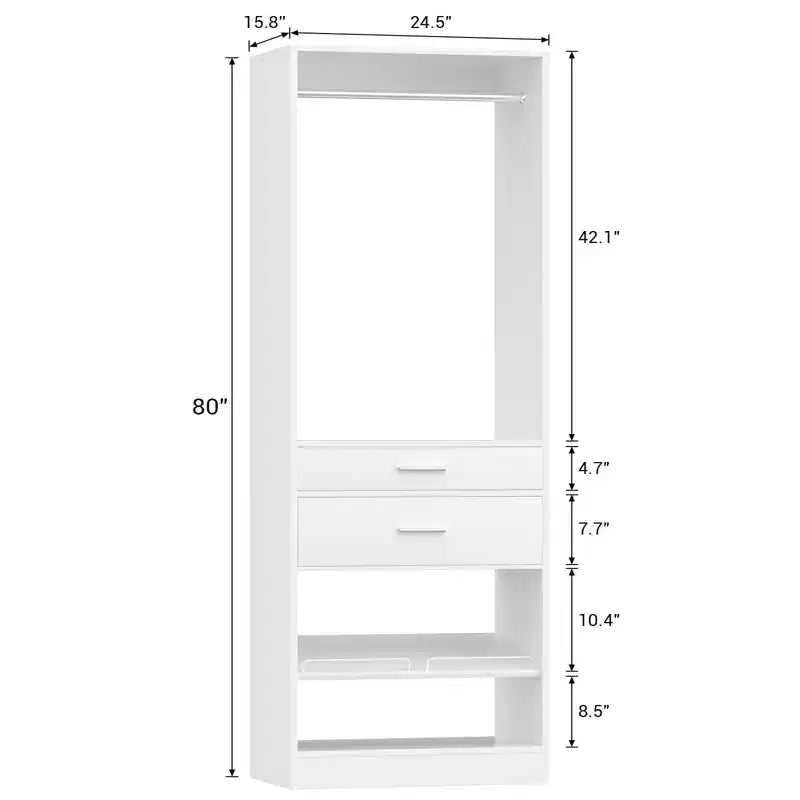 Besiost Meuble de rangement de placard 25 pouces avec tiroirs en bois et étagère à chaussures, système de placard autoportant avec tringles à vêtements -