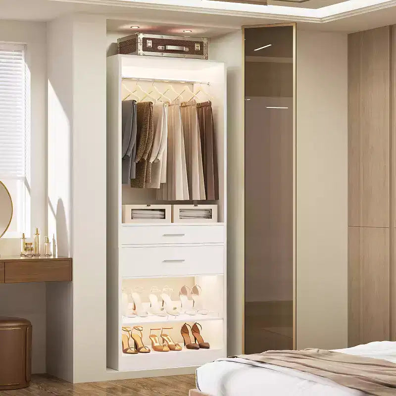 Besiost Meuble de rangement de placard 25 pouces avec tiroirs en bois et étagère à chaussures, système de placard autoportant avec tringles à vêtements -