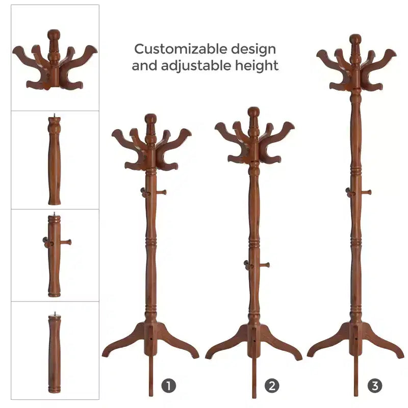 Porte-manteau en bois massif, support autoportant avec 11 crochets et base à trépied, capacité de 55 kg pour l'entrée et le couloir