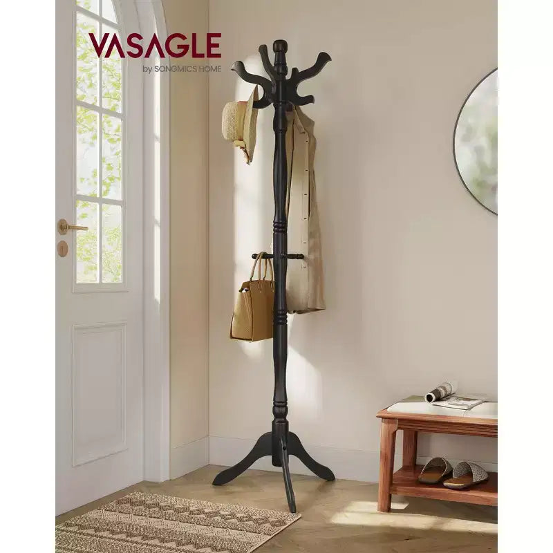 Porte-manteau en bois massif, support autoportant avec 11 crochets et base à trépied, capacité de 55 kg pour l'entrée et le couloir