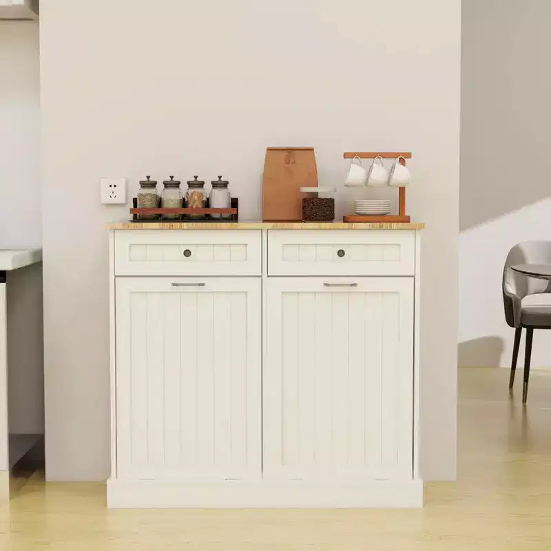 MAYEERTY White Kitchen Trash Cabinet, 2 Drawers + 2-Compartment Tilt-Out Organizer for Waste Sorting