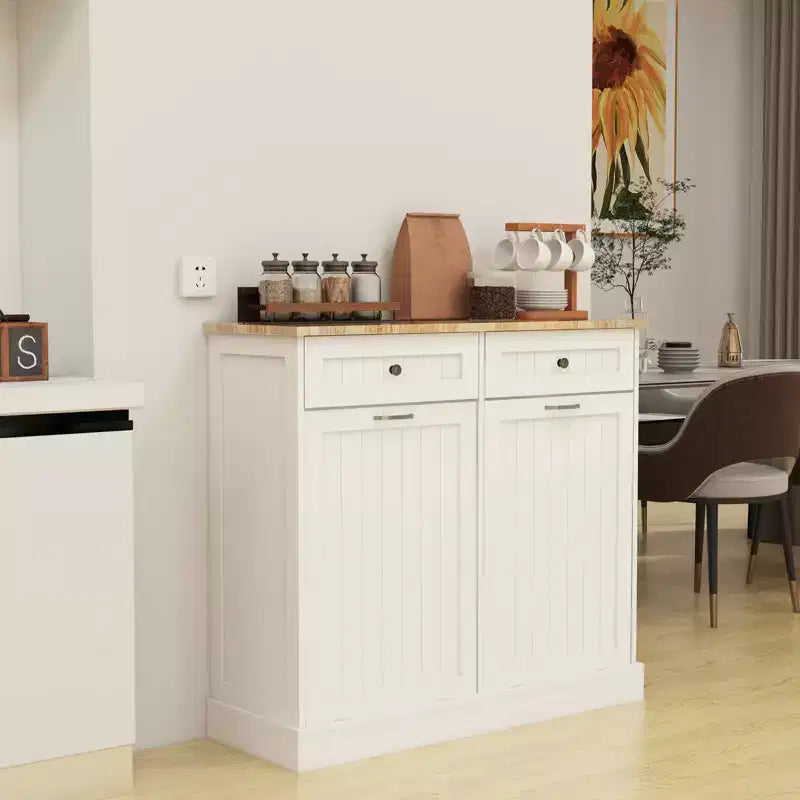 MAYEERTY Meuble de cuisine blanc avec tiroir poubelle, 2 tiroirs + organiseur basculant à 2 compartiments pour le tri des déchets