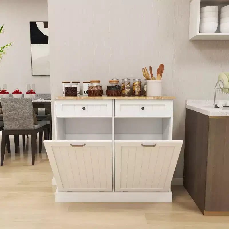 MAYEERTY Meuble de cuisine blanc avec tiroir poubelle, 2 tiroirs + organiseur basculant à 2 compartiments pour le tri des déchets