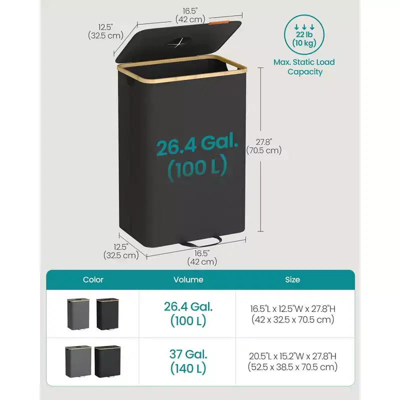 Corbeille de recyclage de 98 litres pour la cuisine, conteneur de recyclage de bouteilles avec sac intérieur et trou de collecte, conception pliable pour le métal, le plastique, le papier, le verre