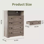 Commode étroite moderne à 4 tiroirs avec ports USB, armoire de rangement en bois pour chambre à coucher et placard, commode compacte.