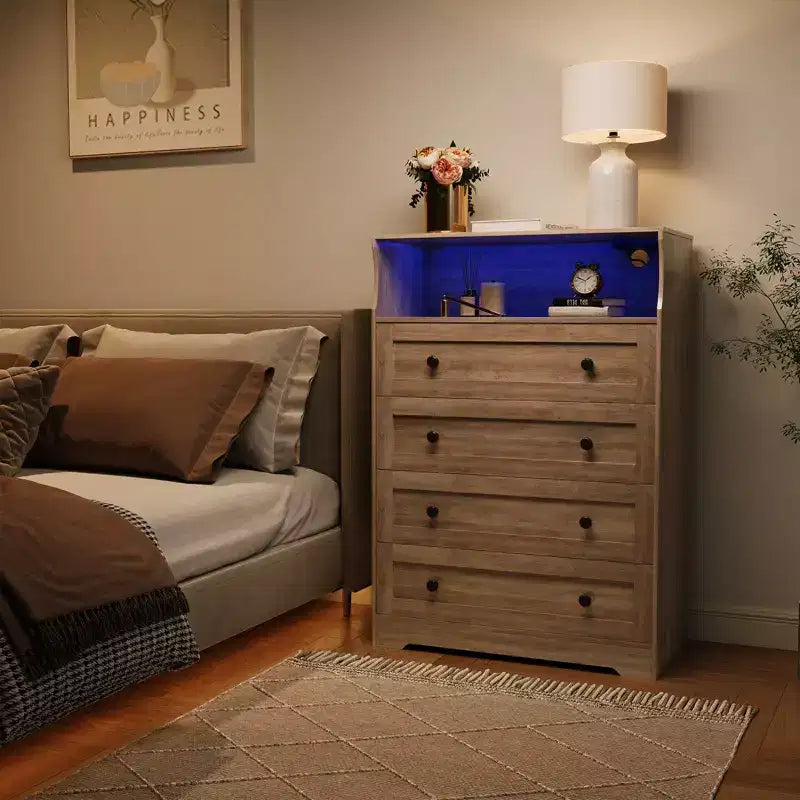 Commode étroite moderne à 4 tiroirs avec ports USB, armoire de rangement en bois pour chambre à coucher et placard, commode compacte.