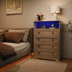 Commode étroite moderne à 4 tiroirs avec ports USB, armoire de rangement en bois pour chambre à coucher et placard, commode compacte.