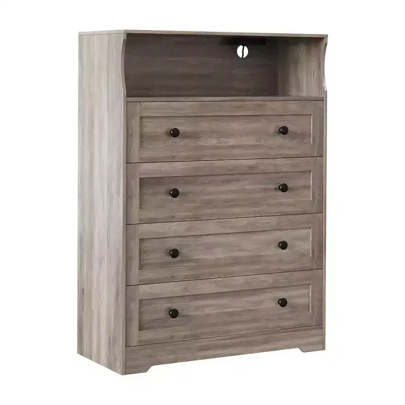 Commode étroite moderne à 4 tiroirs avec ports USB, armoire de rangement en bois pour chambre à coucher et placard, commode compacte.