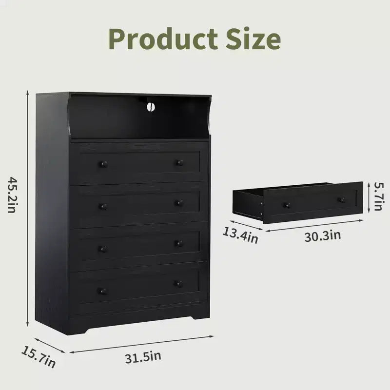 Commode étroite moderne à 4 tiroirs avec ports USB, armoire de rangement en bois pour chambre à coucher et placard, commode compacte.